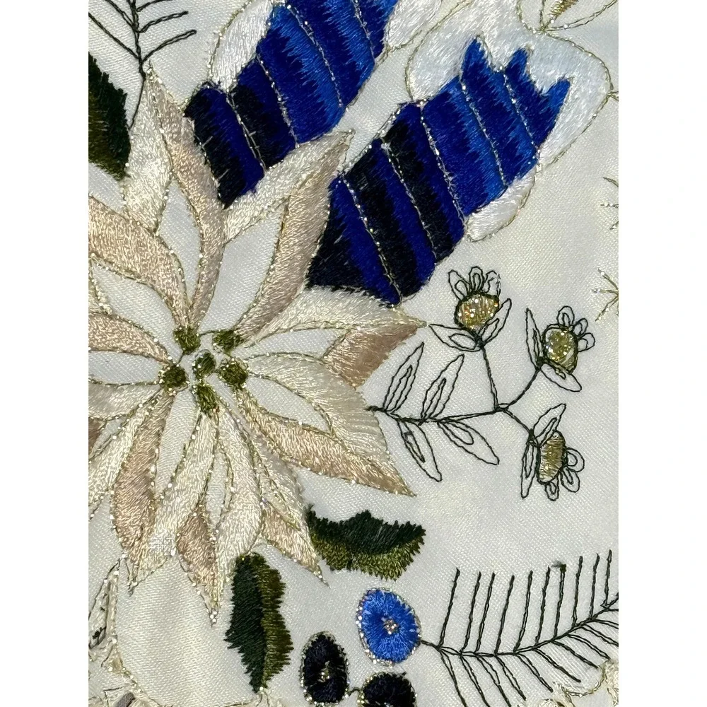 Vintage Embroidered Square Christmas Satin‎ Table Topper White & Blue Cottage